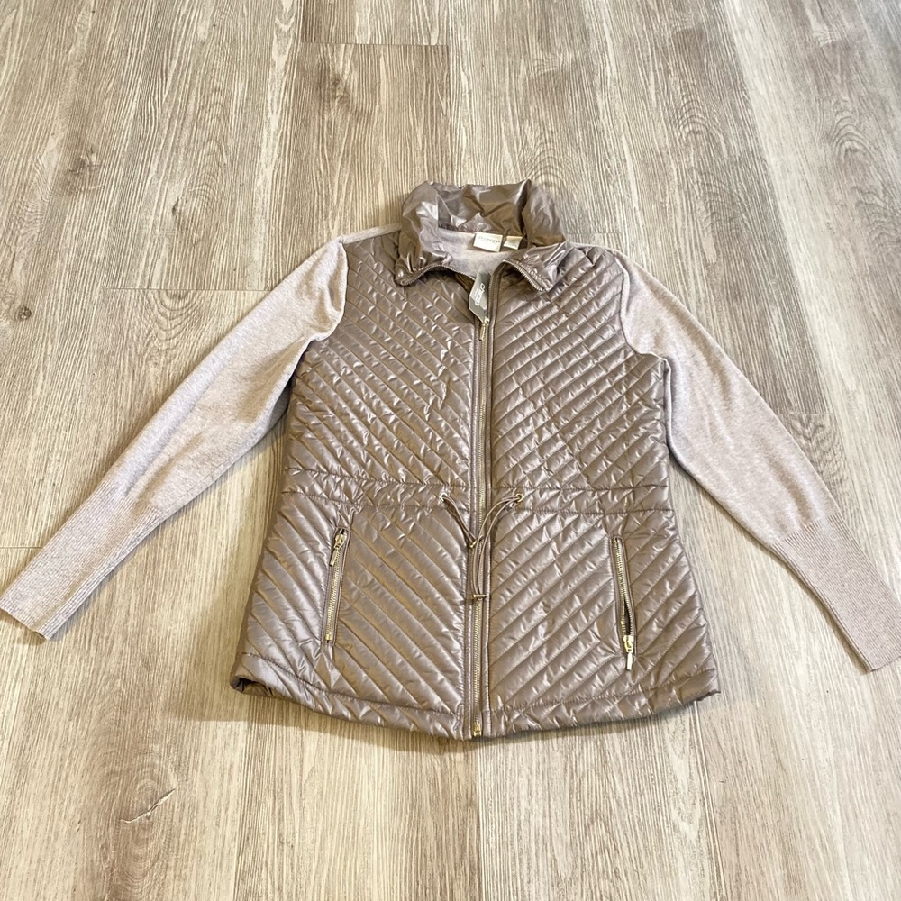 Chico's Quilted Brown Vest with Tan Sleeves
